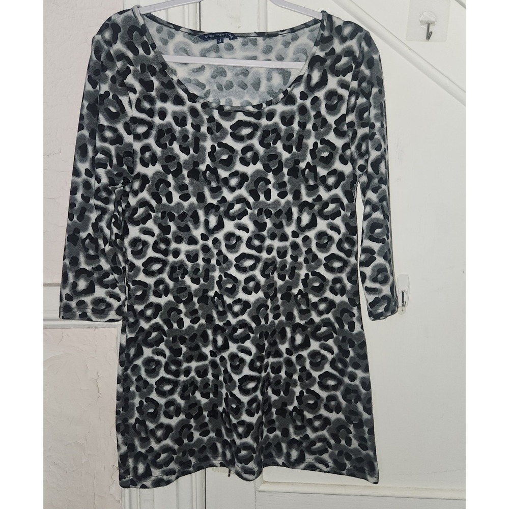 Store Twenty One Size 12 Grey Black Leopard Animal Print Tunic Top 3/4‎ Sleeve